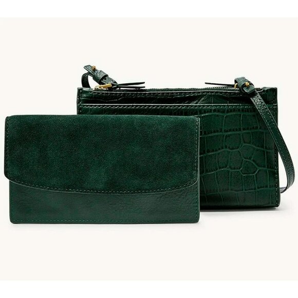 Fossil Handbags - S Fossil Sage Green Leather Suede Crossbody Double-Zip SLG1322366 NWT Alligator